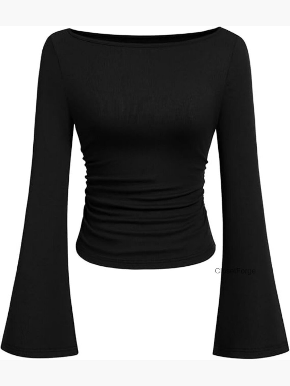 Long Sleeve Crop Top Boat Neck Bell Sleeve Ribbed Ruched Y2K Fitted Tee